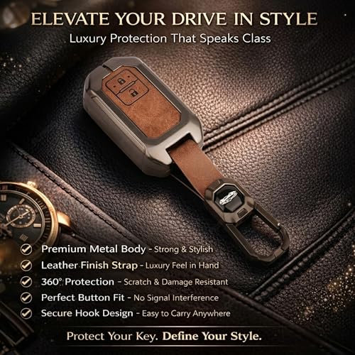 Image of Exclusive Metal Leather Key Cover Compatible With Maruti Suzuki Jimny Baleno Grand Vitara XL6 Swift New Brezza 2022 Ertiga Dzire 2 Button Key Leather Protection With Keychain, Multicolor