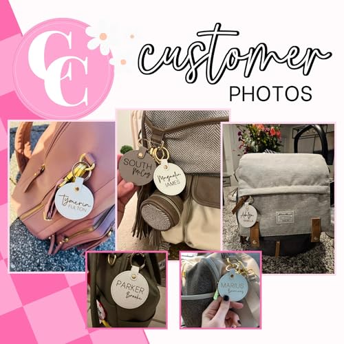 Personalized Tags, Diaper Bag Keychain, Booksack Tag, Backpack Label, Leather Keychain, Personalized Name for Bags, Luggage Tag, Engraved (White, First Name Script, Second Name Print)3