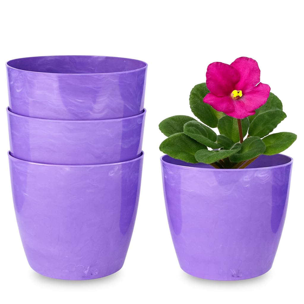Home Garden Ornaments Plant Pots Indoor, Set of 4 Plastic Flower Pots, Marble Pattern, Modern Round Plant Planters for Indoor Decor (Purple, 16 cm / 6.3 inch)