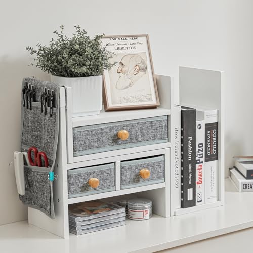 X-Cosrack E-JK-BS-WH-US Wood Expandable Desktop Bookshelf Counter Bookcase Adjustable With Drawers Desktop Shelves Rack Storage Organizer For Office Supplies,Makeup,White.Petent Pending thumb #4