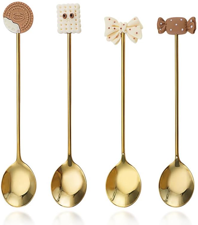 Silverware Flatware Set, 4/16/24 Pieces 304 Stainless Steel Dessert Spoons Cute Cartoon Cookie Household Ice Cream Spoon Stirring Coffee Spoon (Color : Gold, Size : 16Pcs)