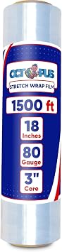 OCTOPUS Stretch Wrap, Industrial Strength 1 Roll Clear, 18 x 1500 feet, 80 Gauge 20 Micron, Heavy Duty Plastic Shrink Film for Packing, Wrapping, Bundling, Shipping, Pallets, and Moving Essentials