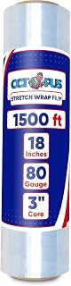 OCTOPUS Stretch Wrap, Industrial Strength 1 Roll Clear, 18” x 1500 feet, 80 Gauge (20 Micron), Heavy Duty Plastic Shrink Film for Packing, Wrapping, Bundling, Shipping, Pallets, and Moving Essentials