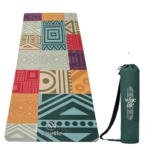 Image of Wiselife MicroFiber & Natural Rubber Yoga Mat + Carry Strap | 5MM | Extra Large Extra Wide | Anti skid Anti slip for Yoga & Workout (Bohemian Rug)
