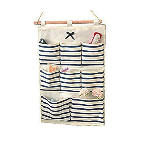 Preisvergleich Produktbild Hängende Aufbewahrungstasche Baumwollgewebe Wandtasche Badezimmer Aufbewahrungstasche Hängende Tasche 8 Pocket Home Organizer Blaue Streifen
