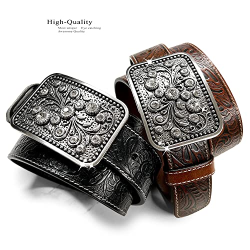 Western Fashion Style Floral Engraved Buckle Full Grain Genuine Leather Belt 1-1/2" (38mm) Wide - Assembled in the U.S3