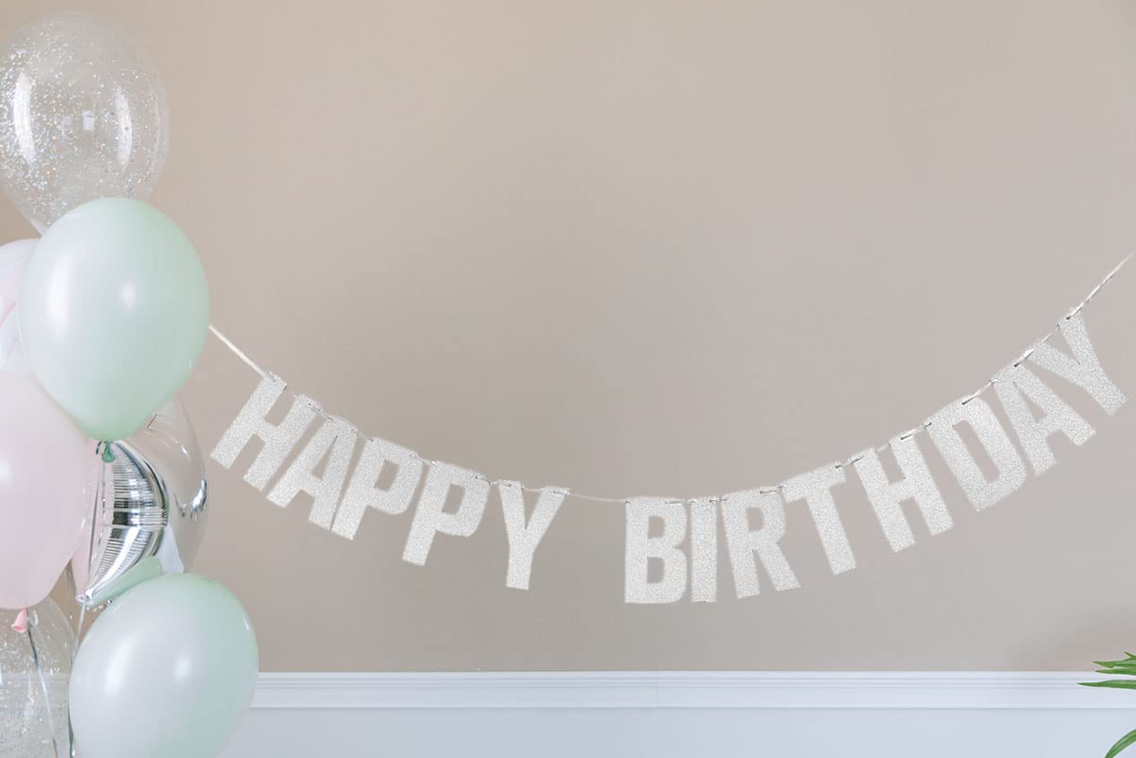 Pre-Strung Silver Happy Birthday Banner- 9ft No DIY Glitter Foil Party