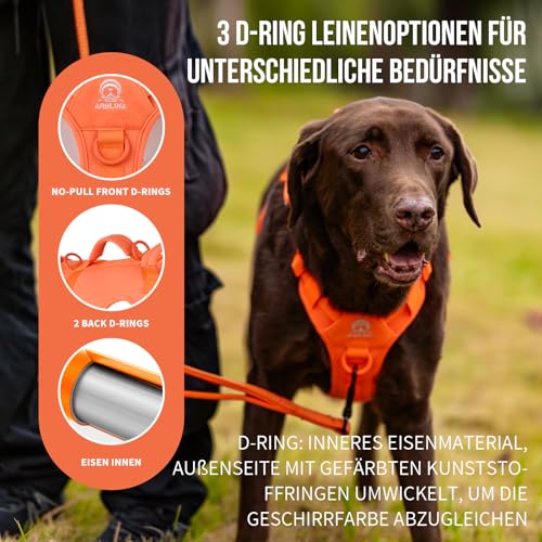 Arblina Hundegeschirr, Sicherheitsgeschirr Hund für Mittelgroße/Große Hunde, Hundegeschirr Ausbruchsicher mit Doppelt Griff, Leichte No Escape Panikgeschirr für Hunde, Orange M