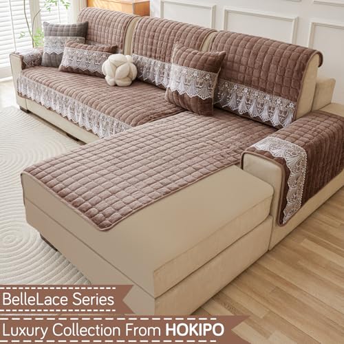 Image of HOKIPO Bellelace Velvet Sofa Cover L Shape 5 Seater Mat, 3+2, Mocha Brown