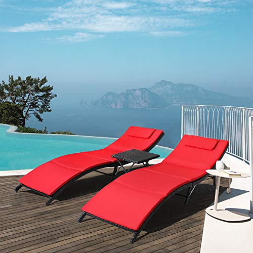 Victone Lounge Chairs For Outside, 3 Pieces Patio Chaise Set Outdoor Poolside Pe Rattan Reclining Chair With Cushion And Folding Table (Red) #TOP1