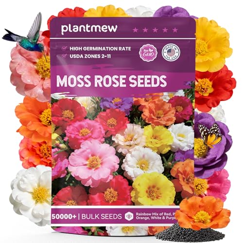 Moss Rose Seeds Bulk Pack - 50,000+ Non-GMO Heirloom Portulaca Seeds for Planting Outdoors, Rainbow Color Mix, Drought-Tolerant Ground Cover & Container Flowers, USDA Zones 2-11