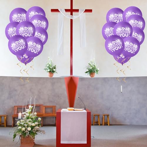 Image of Gejoy 60 Pcs Jesus Loves You Balloon 12 Inch Latex Christian Religious Jesus Balloon Party Decor for He Is Risen Party Decor Favor Cross Church Event Birthday Sunday Supplies(Purple)