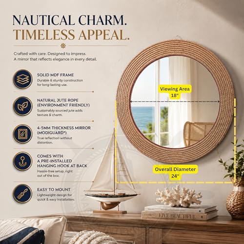 Image of Nagina International Hand Crafted Nautical Premium Wall Decor Rope Accentuated Mirror | Maritime Sailor's Decor Gifts & Collectibles (24 Inches)