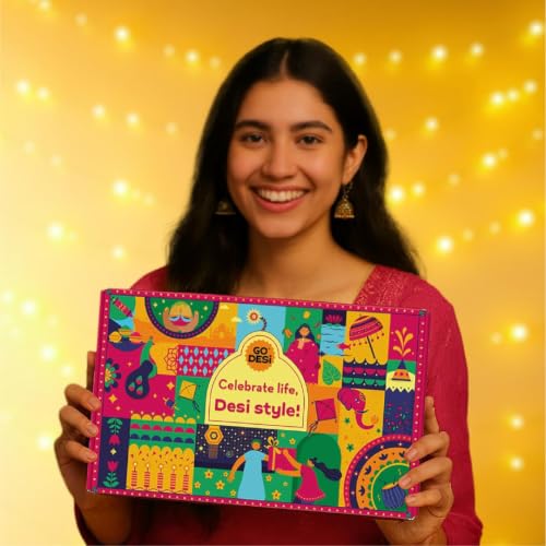 Image of GO DESi Fun Gift Box - 21 Items | DESi Fun Gift Box | By GO DESi | Kaju Katli | Roli Chawal | DESi POPz | Fruit Bars | Coconut Burfi | Dry Bhel | Dates Dry Fruit Laddu | Raksha Bandhan Combo Set | Rakhi with Gift for Brother | Rakhi Hamper for Brother | Raksha Bandhan Gift Hamper