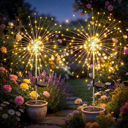 Fairdeer Solar Firework Lights Outdoor 2 Pack 120LED Starburst Garden Lights Solar Powered with 8 Lighting Modes Waterproof Decorative Lights for Flower Beds Walkways Small Garden & Patio Decor