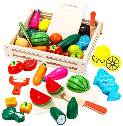 Birshe Holzspielzeug Essen für Kinder Küche, Schneiden von Obst und Gemüse Set für Rollenspiele, Zerlegbar, Spielzeug-Lebensmittel Lernspielzeug Geschenk für Jungen und Mädchen Geburtstag Weihnachten