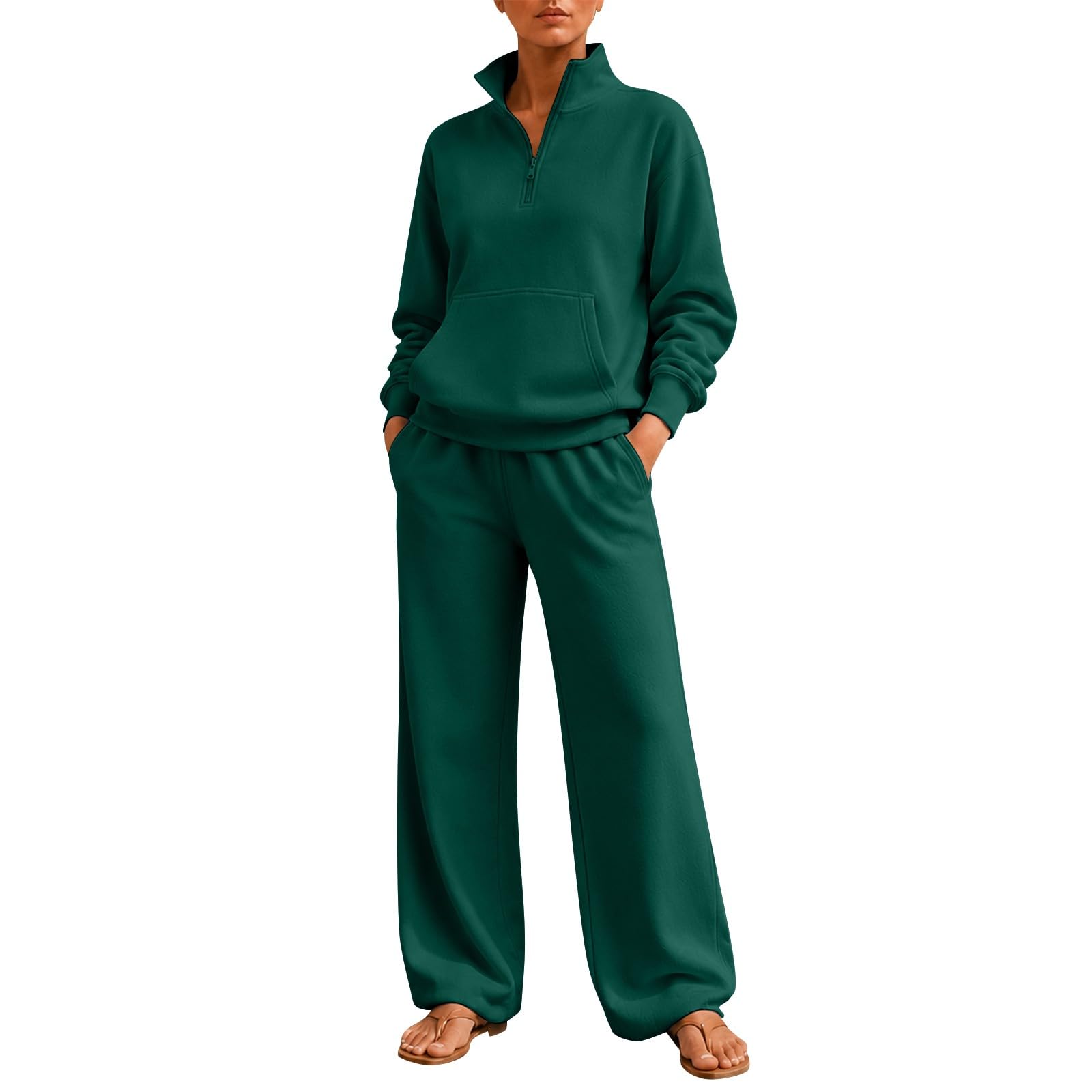 Survêtement pour femme - Survêtement ample - Couleur unie | Col montant avec demi-fermeture éclair - Pull sans capuche - Survêtement avec pantalon droit - 2 pièces - Ensemble de jogging