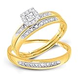 Sizes - L = 7, M = 9 - 10K Yellow Two Tone Gold Round Diamond Halo Circle Trio Three Ring Set - Matching His and Hers Engagement Ring & Wedding Bands - Prong Set Solitaire Center Setting Shape (.08 cttw.) - Please use drop down menu to select your desired ring sizes