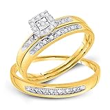 Solid 10k Yellow Gold His and Hers Round Diamond Solitaire Matching Couple Three Rings Bridal Engagement Ring Wedding Bands Set 1/12 Ct. - (L = 7, M = 10.5)