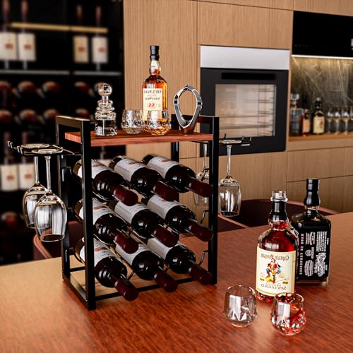 B4Life Wine Rack Countertop, Wine Glass Holder and Bottle Holder with Tray, Countertop Liquor Storage Holds 9 Liquor Bottles and 4 Glasses, Freestanding Liquor Storage for Home, Kitchen, Bar, Cellar