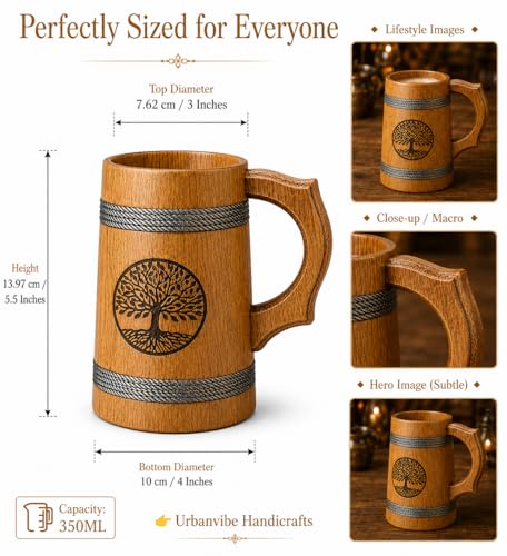 Image of Handmade Wooden Beer Mug, Wood with Sheesham Finish, Barrel Style, Lightweight & Durable, for Craft Beer, Home Bar, Cafe, Party, Gift(350ml) (Tree Inprint)
