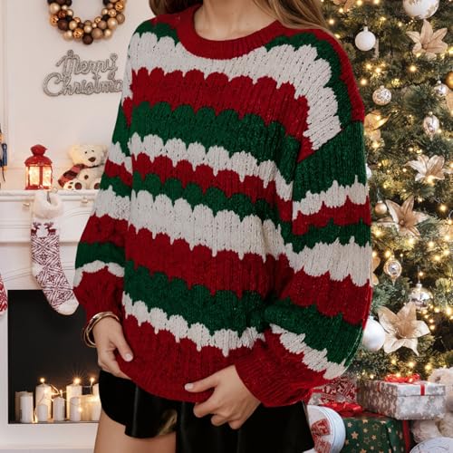 Image of Women Vintage Striped Pullover Sweater Y2k Long Sleeve Crew Neck Loose Knit Sweaters Fall Winter Knitwear