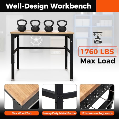IRONMAX 48\'\' Adjustable Work Bench with Wheels, 1760 LBS Heavy Duty Oak Wood Table Top Workstation w/Power Strip & Foot Pad, 5 Different Height Hardwood Worktable for Workshop, Garage, Office, Home