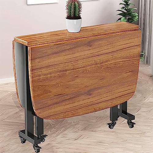 Mesa de comedor plegable de madera, mesa extensible con ruedas, diseño rectangular que ahorra espacio para espacios pequeños, mesa de cocina Gateleg con bordes redondos