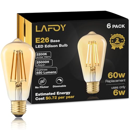 Lafoy Amber Edison Light Bulbs 2200K Soft Warm E26 LED Bulb 60 Watt Equivalent 6W ST58 Teardrop Antique Style 60W Replacement 550 Lumen Medium Base Lightbulbs 120V 6 Pack