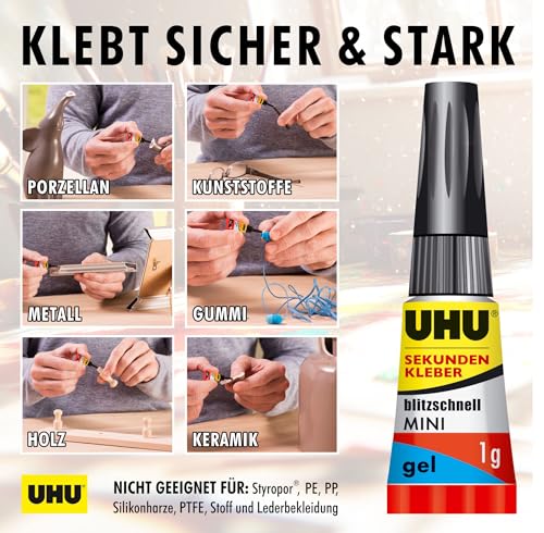 UHU Sekundenkleber extra stark | 3x1g Kleber Tuben für präzises Kleben | Sekundenkleber Gel für Kunststoff, Metall, Holz, Keramik, Porzellankleber | Superkleber & Kunststoffkleber