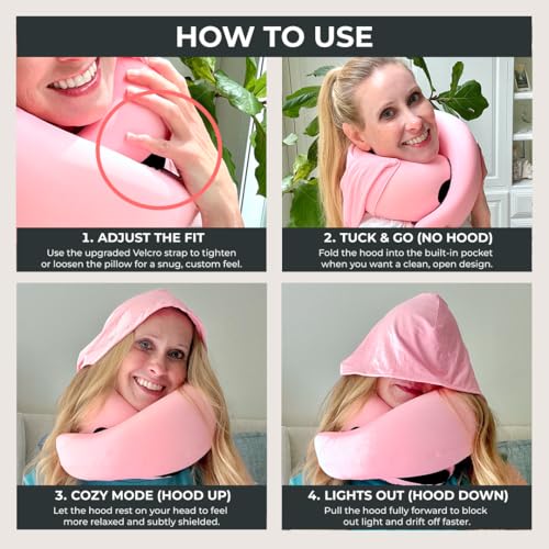 Image of FlyHugz 2.0 Hooded Travel Pillow - 2026 Original Release - Memory Foam Neck Pillow with Adjustable Hood & Premium Elastic Washable Cover - First Class Comfort for Flights, Road Trips & Sleep- Pink