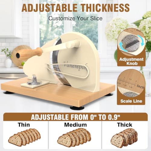 Image of vanerepok Manual Bread Slicer for Homemade Sourdough Adjustable Thickness | Even Slices Hand Crank Bread Cutter with Stainless Steel Blade & Solid Wood Base & Aluminum Alloy Body, Gift for Home Bakers