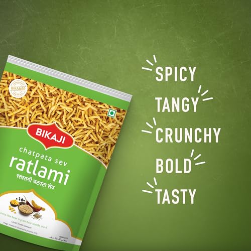 Bikaji Ratlami Bhujia Sev 14.11 oz (400g) Pack| Authentic Indian Namkeen Spicy Chatpata Sev Gathiya for Bar Snacks| Crunchy & Flavorful Ratlami Sev for Tea Time, Anytime Munching, Ready to Eat