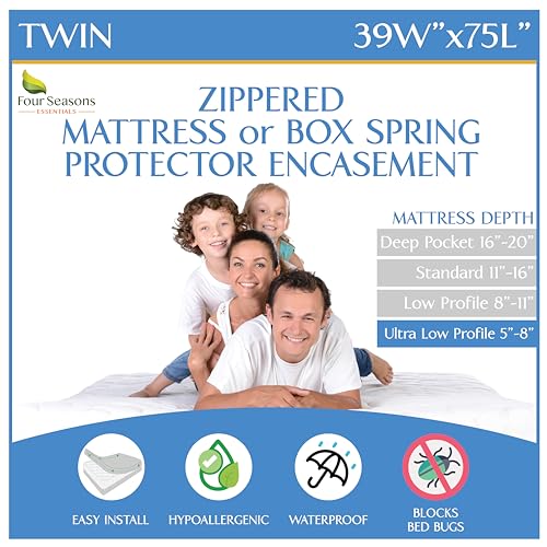 Twin Size Mattress or Box Spring Encasement (5" to 8" Depth) - Waterproof Zippered Protector Hypoallergenic Premium Bed Cover Protects from Dust Allergens