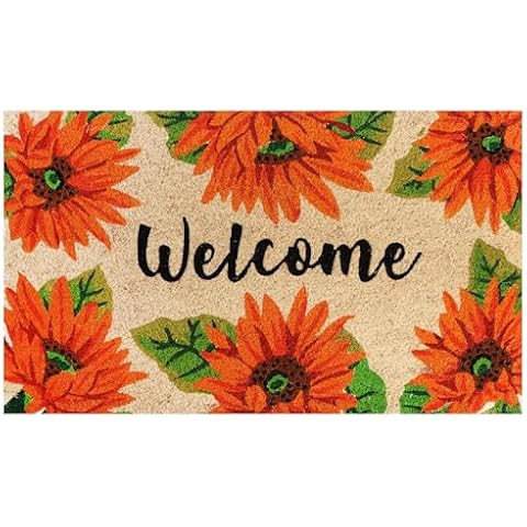 A1HC Natural Coco Coir Door Mat Orange Sunflower Doormat with Heavy Duty Non-Slip PVC Backing - 18" x 30" - Easy to Clean, Welcome Mat for Home, Low-Profile Durable Doormat Cover