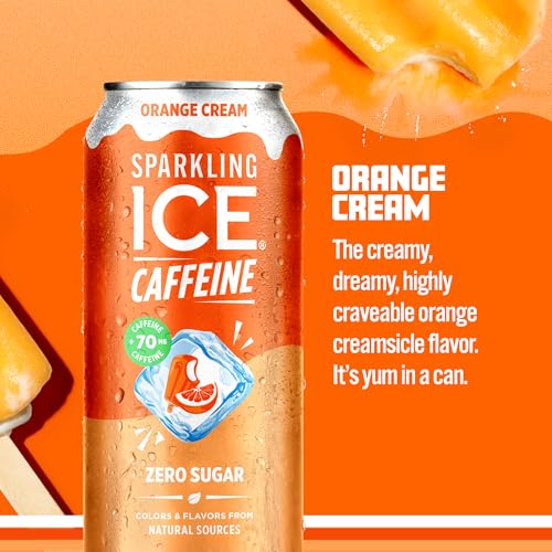 Image of Sparkling Ice Caffeine Soda Shoppe Orange Cream Perfectly Caffeinated Sparkling Water with 70mg Caffeine, Zero Sugar, with Antioxidants and Vitamins, 16 fl oz Cans (Pack Of 12)
