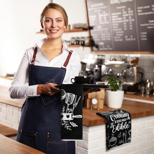Image of Bencailor 6 Pcs Black Kitchen Towels Decorative Sets Dish Towels Absorbent Fast Drying Hand Tea Vintage Hanging Reusable Cleaning Dishcloths for Cooking Farmhouse Bathroom Accessory