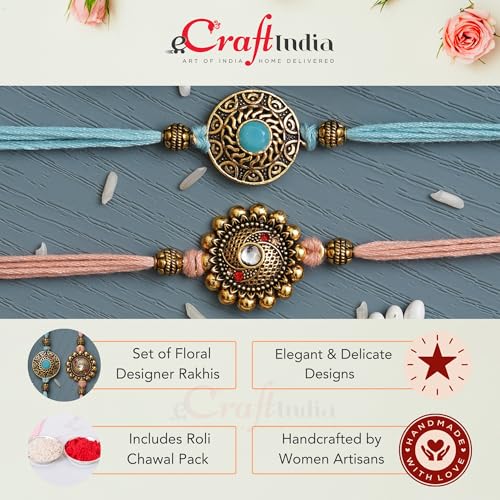 Image of eCraftIndia Set of 2 Yellow, White & Maroon Designer Diamond Rakhis with Roli Chawal Pack