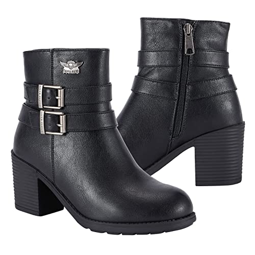 Dream Apparel Women's Chunky Heel Faux Leather Ankle Boots Booties with Side Zipper, Waterproof Black PU Leather Double Buckle Strap Ankle Shoes, Round Toe Mid Heel Short Boots