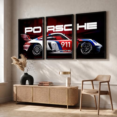 Image of HOMESY Sports Car Framed Posters Gift Items for Boys Room | Wall Decoration for Bedroom Living Room Office Gaming Room Decor | Sports Cars Poster with Frame for Wall Decor Set Of 3 Size (10x13 inch,BLACK)