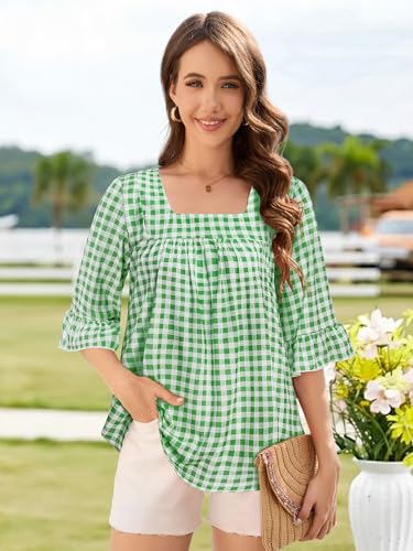 Bulotus Womens Gingham Tops Square Neck Ruffle Elbow Sleeve Plaid Blouse - image 5