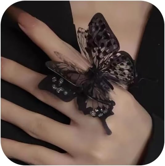 Multi-layer Acrylic 3D Butterfly Ring for Women, Black Exaggerated Large Butterfly Ring Open Adjustable Personality Gothic Decorative Ring for Teens Women