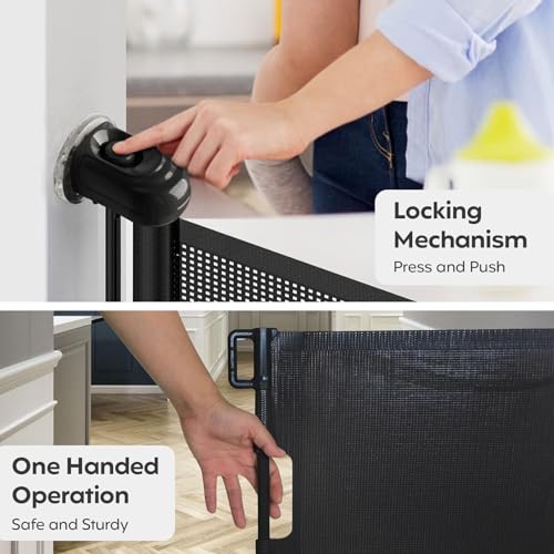 Image of A Baby Cherry - Baby Saftey Gate Retractable | Stairs & Pet Safety | Wide Mesh Gate 33 inch Tall | Expandable 55 inch | Indoor /Outdoor, Childproof Auto Lock (Black)