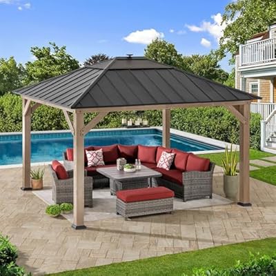 Sunjoy 11’ x 13’ Grayden Wood Gazebo, Outdoor Patio Solar Powered Hardtop Gazebo with One-Tier Metal Roof, LED Light and Ceiling Hook