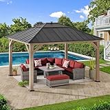 Sunjoy 11’ x 13’ Grayden Wood Gazebo, Outdoor Patio Solar Powered Hardtop Gazebo with One-Tier Metal Roof, LED Light and Ceiling Hook for Garden, Backyard Shade