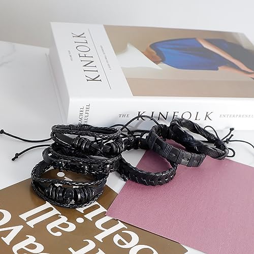 6 Piezas Pulsera de Cuero Trenzado para Hombre Punk miniatura 3