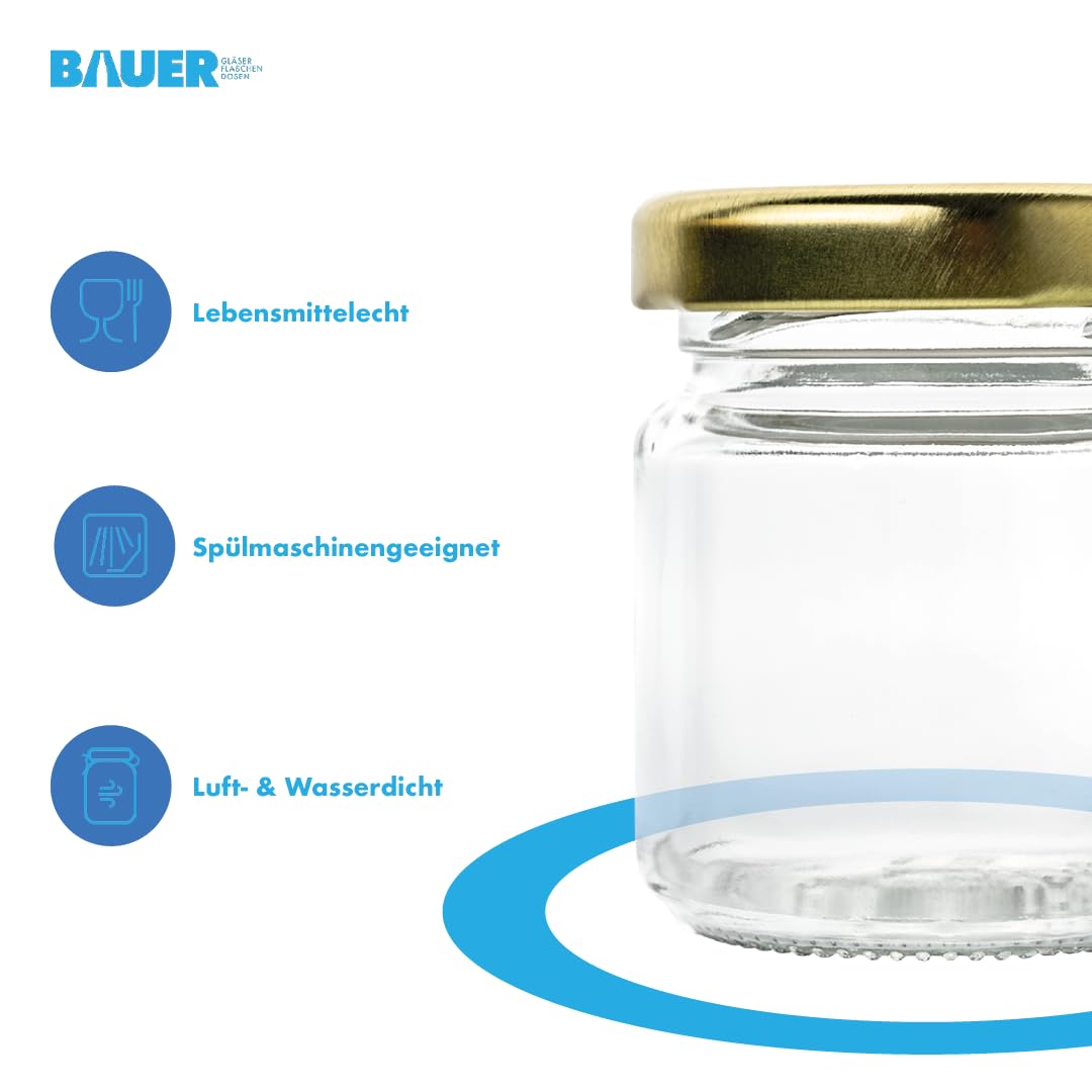 flaschenbauer Set von 24/48/96 Mini Einmachgläser 53ml - Schraubgläser mit Gold-Twist-Off Deckel 43mm, Ideal für Marmelade, Honig, Gewürze, Konservieren & Geschenkideen - 96 Stück