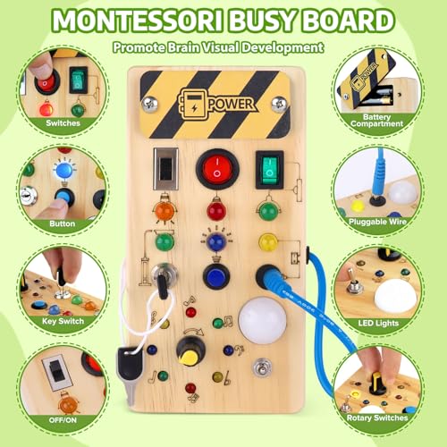 Image of wakeInsa Busy Board with led Light, Sorting Sensory Travel Toys for Toddlers 1-3, Wooden Toddler Busy Board Montessori Toys for 1+ Year Old