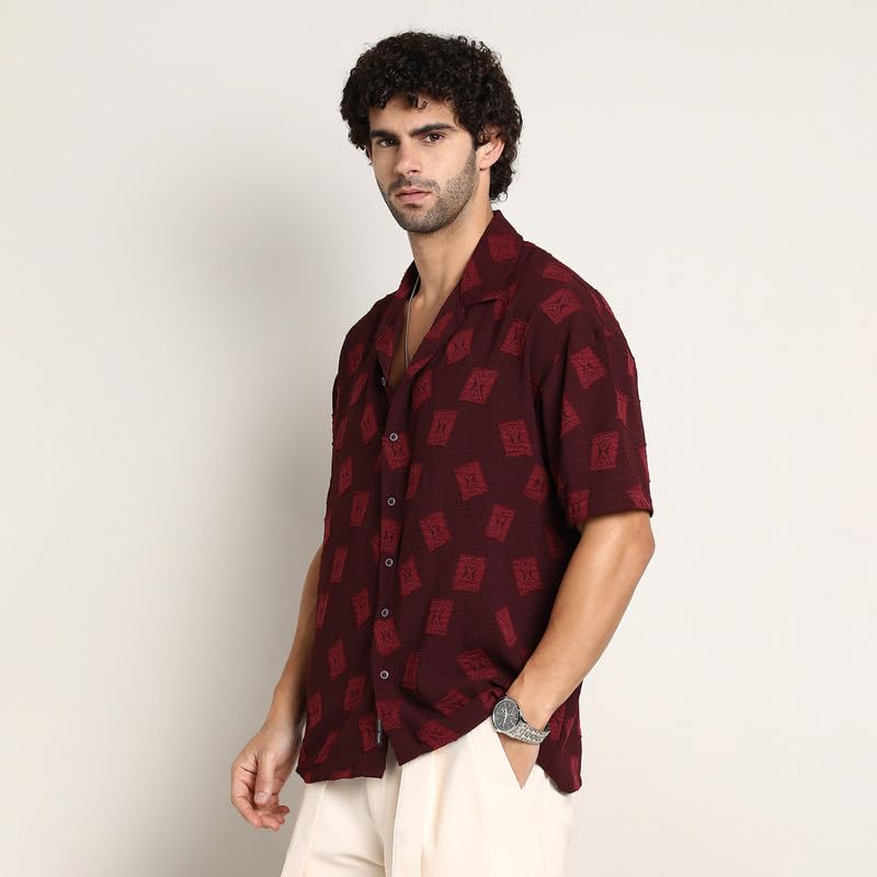 Image of CAHOOT Men's Oversized Shirt for Casual Wear | Cuban Collar | Short Regular Sleeves | Button Closure | Oversized Shirt Crafted with Comfort Fit for Everyday Wear