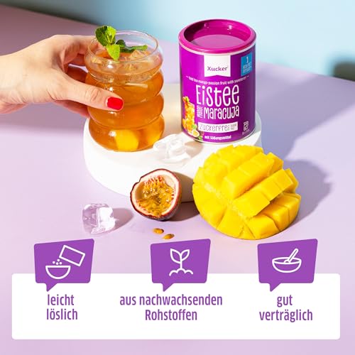 Xucker Eistee Mango-Maracuja - 10 Liter - zuckerarmer Ice Tea mit nur 1 kcal pro Portion - Getränkepulver mit Erythrit & Stevia, ohne Sucralose, blutzuckerfreundlich